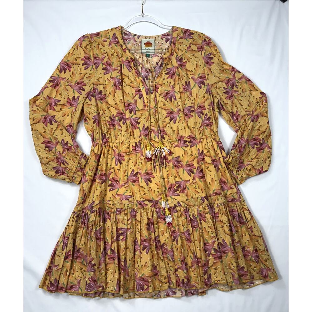 Farm Rio Banana Sunshine Mini Dress Sz M tiered skirt beaded tassel - Picture 2 of 13